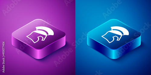 Isometric Greek helmet icon isolated on blue and purple background. Antiques helmet for head protection soldiers with a crest of feathers or horsehair. Square button. Vector.