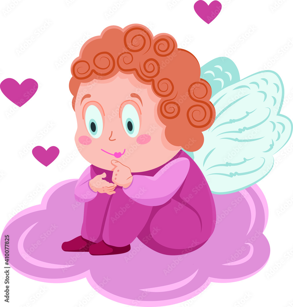 Baby Cupid in pink sits on a cloud. Vector illustration for February 14 Valentine's Day. Amur baby, little angel