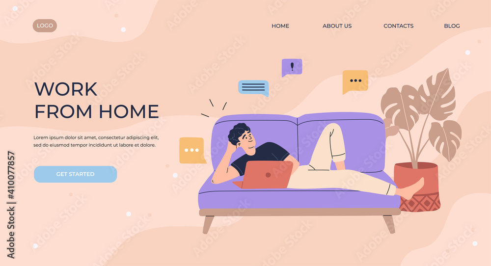 Obraz premium Freelancer man lies on sofa and working with laptop in relaxed, comfortable apartment. Remote job or study workplace, landing page and quarantine concept. Flat cartoon illustration in violet colors