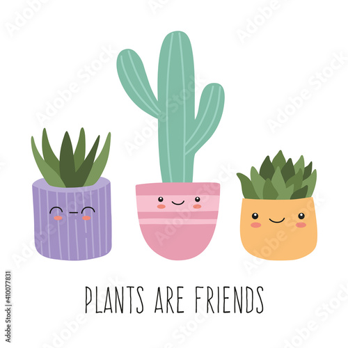 Set of cute succulents with funny faces, exotic cactus home plants in colorful pots. Hand drawn vector illustrations in modern trendy cartoon style, tropical card template isolated on white background