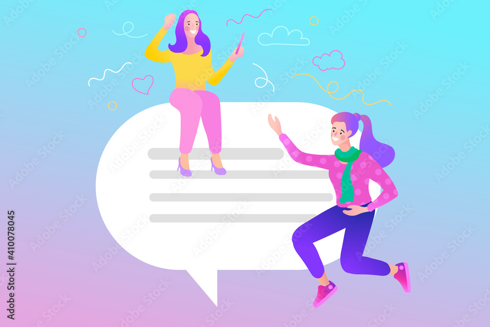 People chatting in the smartphone screen, virtual relationship. Social Media Online Connection Concept. People watching a live streaming. Social media influencer at work. Flat vector illustration.
