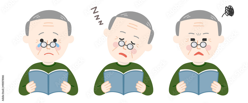 Elderly man reading and holding open books with different expressions. Vector illustration isolated on white background. Elderly man reading and holding open books with different expressions. Vector illustration isolated on white background.