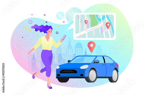 Woman ordering taxi car, rental and sharing Online using mobile service application. Woman searching for cab on city map. Vector illustration.