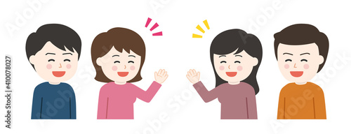 Young couple saying hello to neighbors with gestures. Vector illustration isolated on white background.