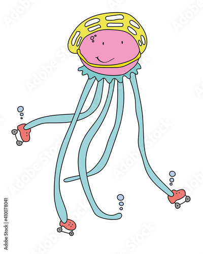 Funny jellyfish skating wearing helmet. Sport at summer time