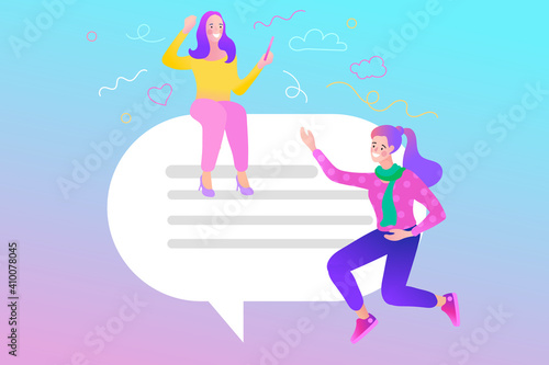 People chatting in the smartphone screen, virtual relationship. Social Media Online Connection Concept. People watching a live streaming. Social media influencer at work. Flat vector illustration.