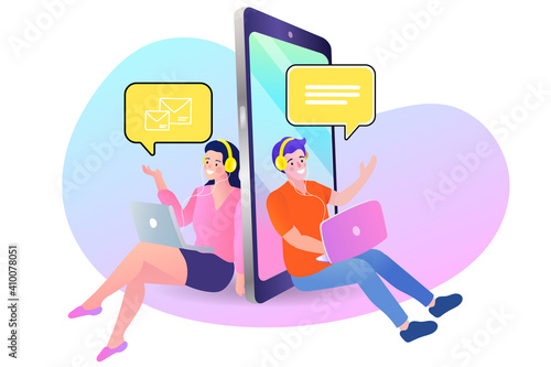 People chatting in the smartphone screen, virtual relationship. Social Media Online Connection Concept. People watching a live streaming. Social media influencer at work. Flat vector illustration.