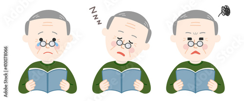 Elderly man reading and holding open books with different expressions. Vector illustration isolated on white background.