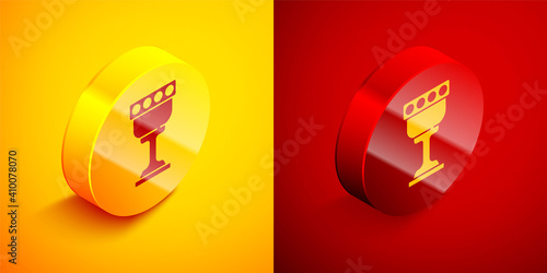 Isometric Medieval goblet icon isolated on orange and red background. Holy grail. Circle button. Vector.
