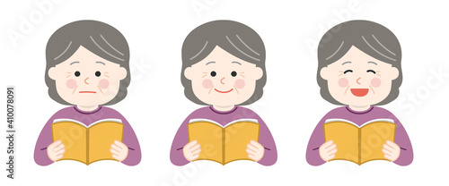 Elderly woman holding open books and reading with different expressions. Vector illustration isolated on white background.
