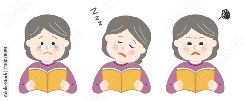 Elderly woman reading and holding open books with different expressions. Vector illustration isolated on white background.
