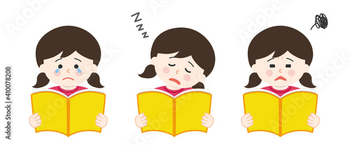 Girl holding open books and reading with different expressions. Vector illustration isolated on white background.