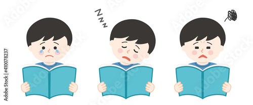 Various facial expressions of boy holding open books and reading. Vector illustration isolated on white background.