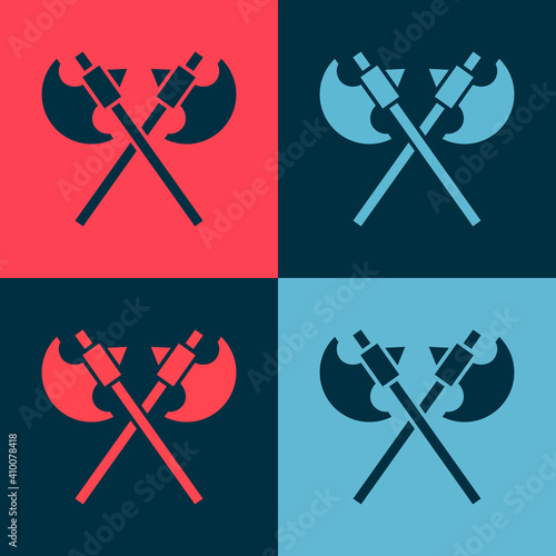 Pop art Crossed medieval axes icon isolated on color background. Battle axe, executioner axe. Medieval weapon. Vector.