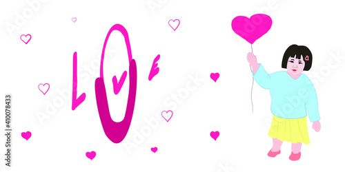 Valentines card with hand drawn pink text love you pink hearts around and little Chinese girl with big balloon heart in her hand. vector illustration on white background