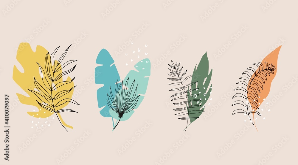 Collection of floral and abstract shape, sticker, design element, plant, leaves, hand drawn in trendy doodle style. Vector illustrations for paper, cover, fabric, interior decor. elements are isolated - obrazy, fototapety, plakaty 