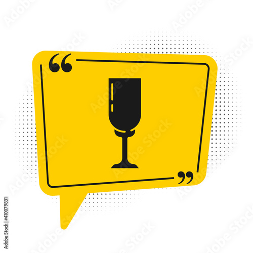 Black Glass of champagne icon isolated on white background. Yellow speech bubble symbol. Vector.