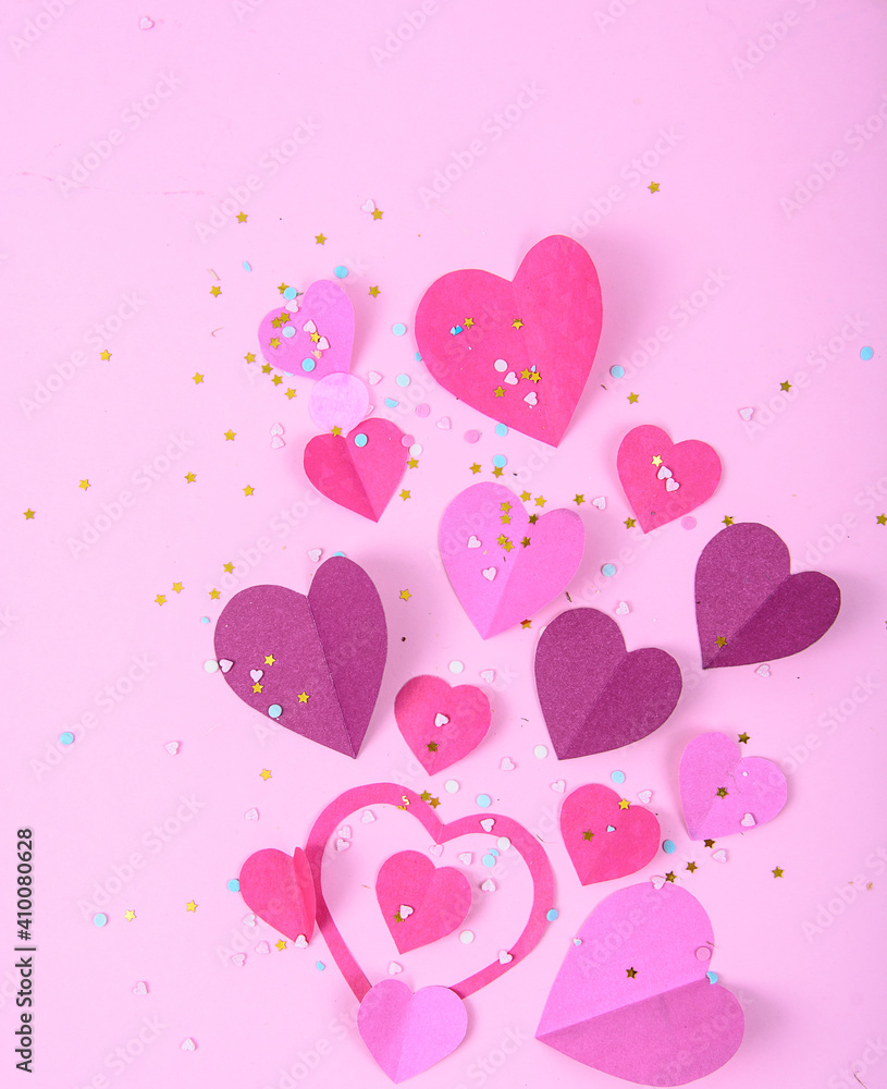 Abstract Background with Paper Hearts for Valentine`s Day. Pink Love and Feeling Background for poster, banner, post, card. Top view