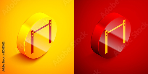 Isometric Sport horizontal bar icon isolated on orange and red background. Circle button. Vector.