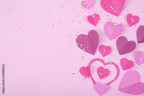 Abstract Background with Paper Hearts, confetti for Valentine`s Day. Blue Love and Feeling Background for poster, banner, post, card