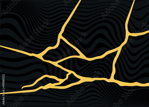 Abstract pattern of golden lines on a black background in the style of Japanese art restoration of kintsugi. Vector background