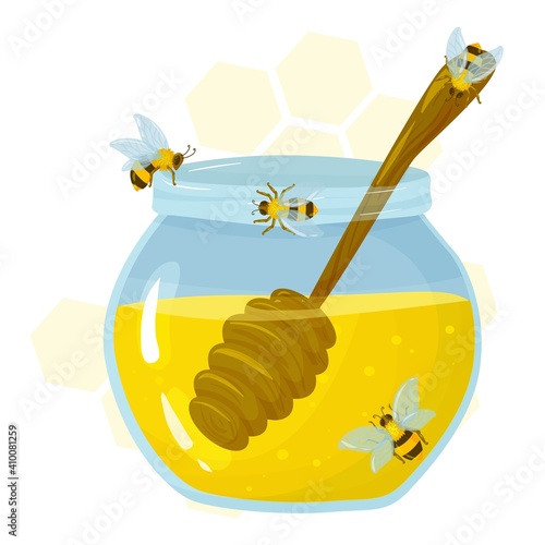 jars with honey or syrup. natural bee honey drawn in cartoon style vector illustration isolated on white background