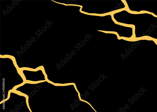Trendy golden cracks on a black background in the Japanese kintsugi style. Modern vector pattern.