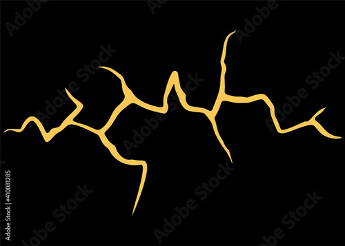 Abstract golden cracks on a black background in the style of Japanese art restoration of kintsugi. Modern vector pattern.