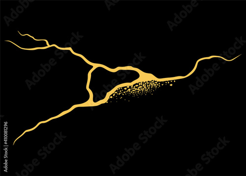 Abstract pattern of golden cracks on a black background in the style of Japanese art restoration of kintsugi. Vector illustration.