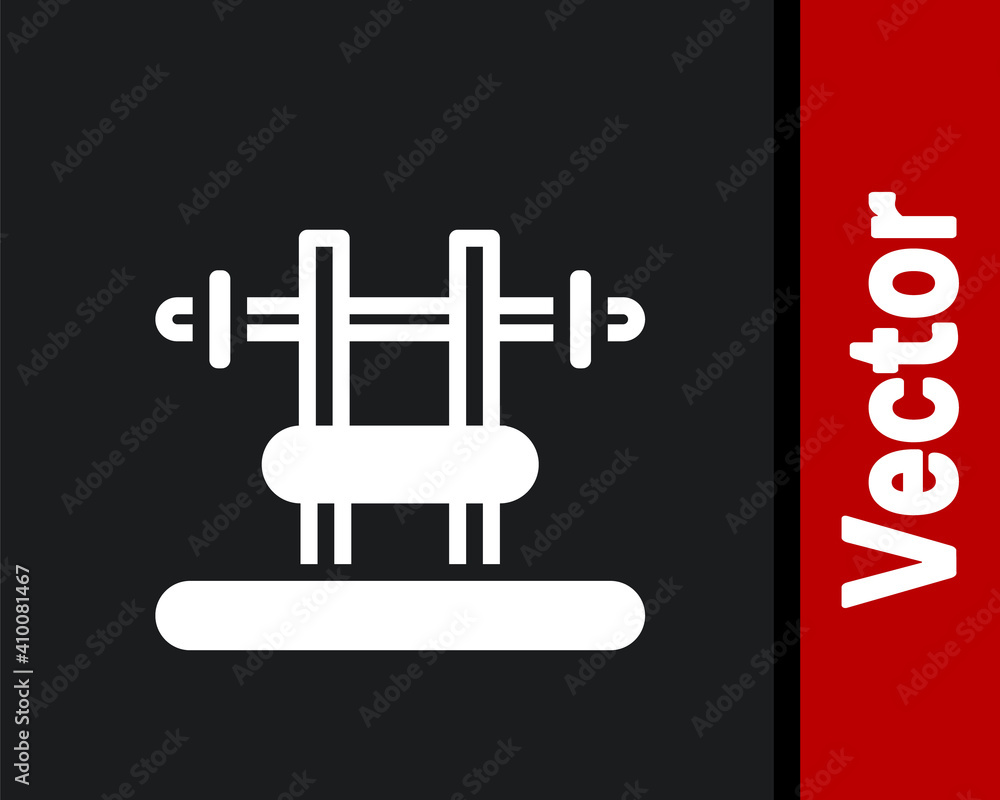 White Bench with barbel icon isolated on black background. Gym equipment. Bodybuilding, powerlifting, fitness concept. Vector. White Bench with barbel icon isolated on black background. Gym equipment. Bodybuilding, powerlifting, fitness concept. Vector.