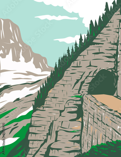 Going-to-the-Sun Road in Eastside tunnel and Mt. Reynolds Glacier National Park Montana United States WPA Poster Art