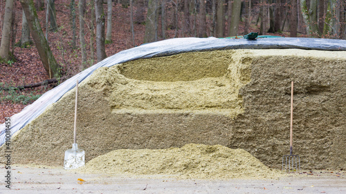 Silage pile - animal food mainly used for cows. With a shovel and a pitchfork leaning on the silage pile. photo