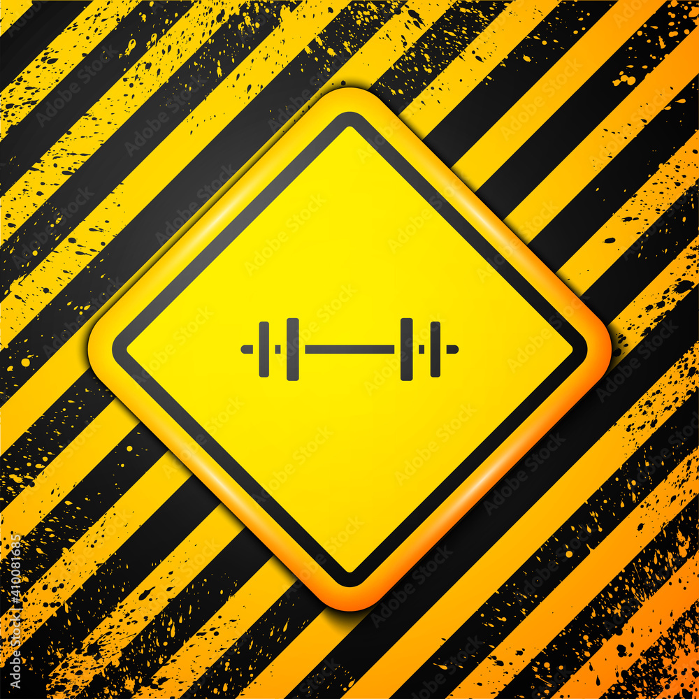 Black Barbell icon isolated on yellow background. Muscle lifting icon, fitness barbell, gym, sports equipment, exercise bumbbell. Warning sign. Vector. Black Barbell icon isolated on yellow background. Muscle lifting icon, fitness barbell, gym, sports equipment, exercise bumbbell. Warning sign. Vector.