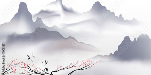 Chinese ink and water landscape painting Happy chinese new year banner card
