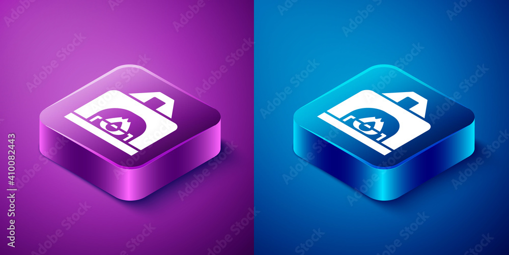Isometric Interior fireplace icon isolated on blue and purple background. Square button. Vector. Isometric Interior fireplace icon isolated on blue and purple background. Square button. Vector.