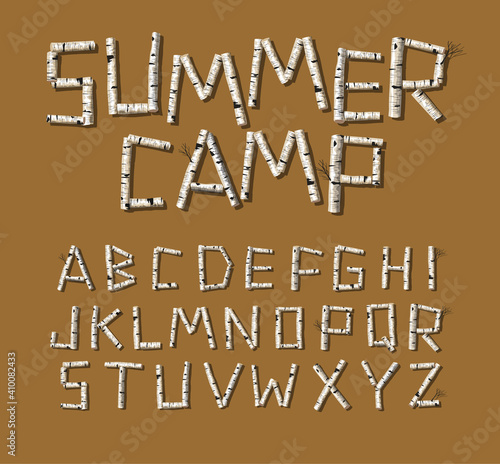 Vector font design. Alphabet made of birch tree logs for rustic design.