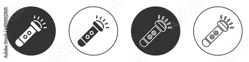 Black Flashlight icon isolated on white background. Circle button. Vector.