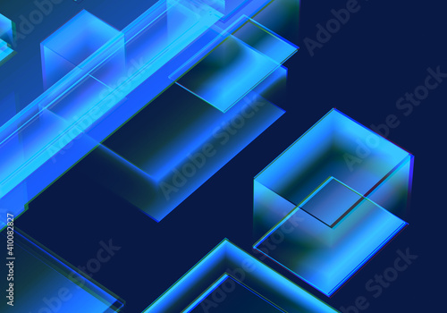 Cyber blue isometric neon city virtual reality background. Abstract technology innovation future digital background. 3d rendering. © Papapig