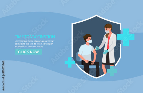 Time to vaccinate concept. People vaccination concept for immunity health. Covid-19. Doctor makes an injection of flu vaccine to man in hospital.,Vector illustration cartoon character