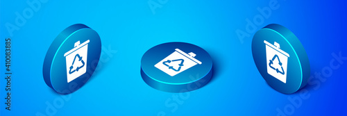 Isometric Recycle bin with recycle symbol icon isolated on blue background. Trash can icon. Garbage bin sign. Recycle basket sign. Blue circle button. Vector.