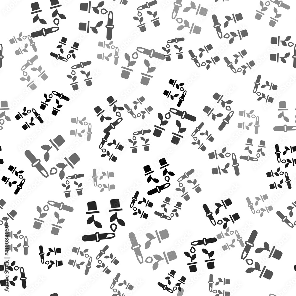 Black Drop of water drops from pipette on plant icon isolated seamless pattern on white background. Medical or agricultural experiments. Fertilizers and pesticides. Vector. Black Drop of water drops from pipette on plant icon isolated seamless pattern on white background. Medical or agricultural experiments. Fertilizers and pesticides. Vector.