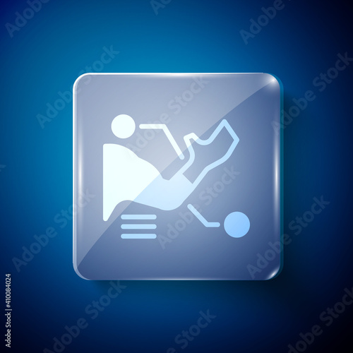White Prosthesis hand icon isolated on blue background. Futuristic concept of bionic arm, robotic mechanical hand. Square glass panels. Vector.