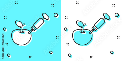 Black line Genetically modified apple icon isolated on green and white background. GMO fruit. Syringe being injected to apple. Random dynamic shapes. Vector.