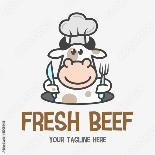 Funny cartoon butcher shop mascot. Happy Cow chef holding a fork and knife. Design for print, emblem, t-shirt, party decoration, sticker, logotype.