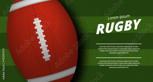 3D oval ball rugby or american football on the green field stadium top view for sport tournament championship league super bowl flyer poster template