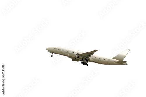 Side view of airplane for commercial passenger or cargo transportation flying isolated on white background with clipping path
