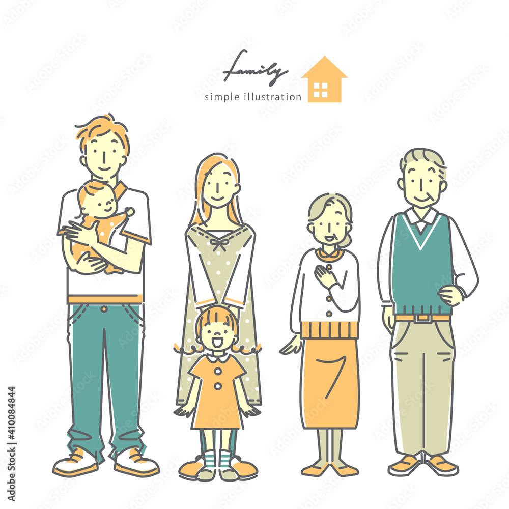 集合写真風の3世代家族のイラスト シンプルでおしゃれな線画 Stock Vector Adobe Stock
