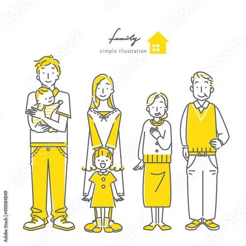 simple bicolor illustration of happy family, line art, yellow, grey