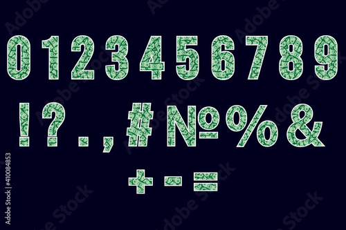 Numbers and symbols in the form of green dollar bills. Blank, template for numbers and inscriptions