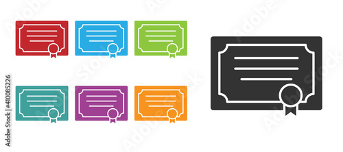 Black Certificate template icon isolated on white background. Achievement, award, degree, grant, diploma concepts. Set icons colorful. Vector.
